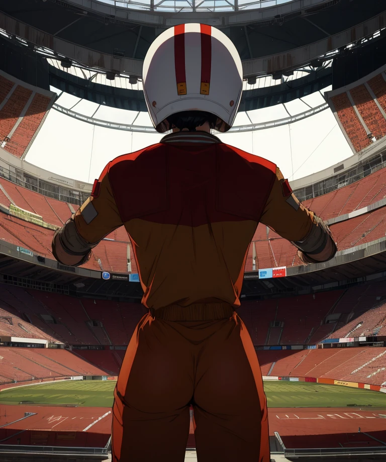KaraHassan,brown eyes,black hair,short hair,
jumpsuit,helmet,from behind,looking at viewer,
standing,upper body,
stadium,indoors,
(insanely detailed, masterpiece, best quality),solo,<lora:KaraHassan:0.8>,