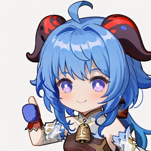 <lora:thumb-up:1>, thumbs-up, ganyu \(genshin impact\), 1girl, solo, horns, blue hair, bell, smile, ahoge, gloves, detached sleeves, neck bell, chibi, long hair, sidelocks, bangs, black gloves, upper body, white sleeves, purple eyes, looking at viewer, bare shoulders, simple background, bow, thumbs up