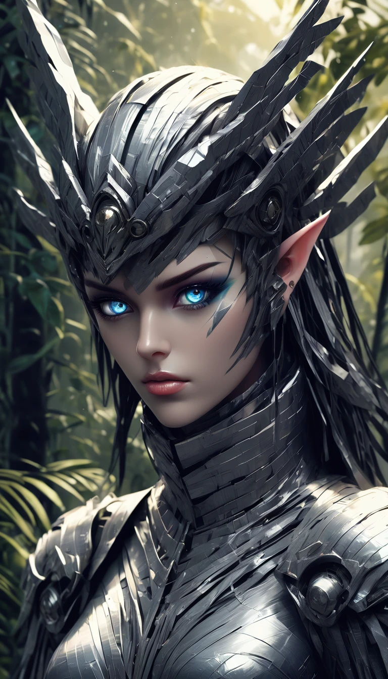 DuctTapeRay, Vector Art, Asymmetrical Bavarian (Female Vulcan of Tranquility:1.2) , wearing Jellaba, Anime Eyes, jungle, soft focus, Hopeless, Lens Flare, depressing
