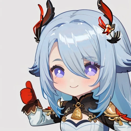 <lora:thumb-up:1>,thumbs-up, shenhe \(genshin impact\), 1girl, solo, smile, long hair, chibi, puffy long sleeves, simple background, grey background, bangs, grey hair, closed mouth, black gloves, gloves, puffy sleeves, long sleeves, looking at viewer, hair ornament, purple eyes, hand up, upper body, partially fingerless gloves, hair over one eye, very long hair, bodysuit, black bodysuit, blue hair, clothing cutout