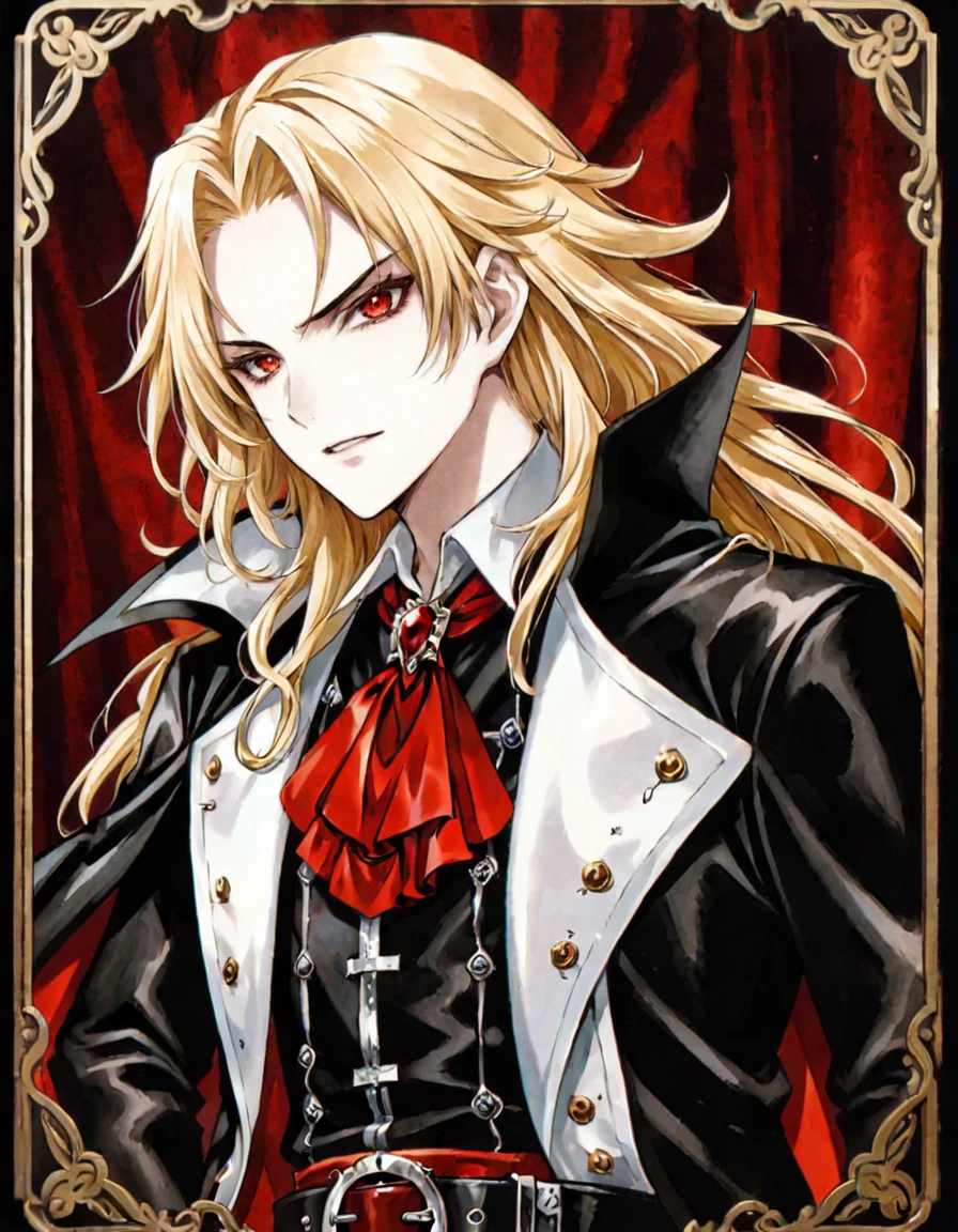 anime artwork photograph sotn, Alucard, 1boy, male focus, long hair, official art, ascot, white background, simple background, upper body, belt, blonde hair, vampire, traditional media, buckle, pale skin, cape
<lora:sotn:.6>
<lora:offset_0.2:0.5>, 50mm . cinematic 4k epic detailed 4k epic detailed photograph shot on kodak detailed cinematic hbo dark moody, 35mm photo, grainy, vignette, vintage, Kodachrome, Lomography, stained, highly detailed, found footage . anime style, key visual, vibrant, studio anime, highly detailed