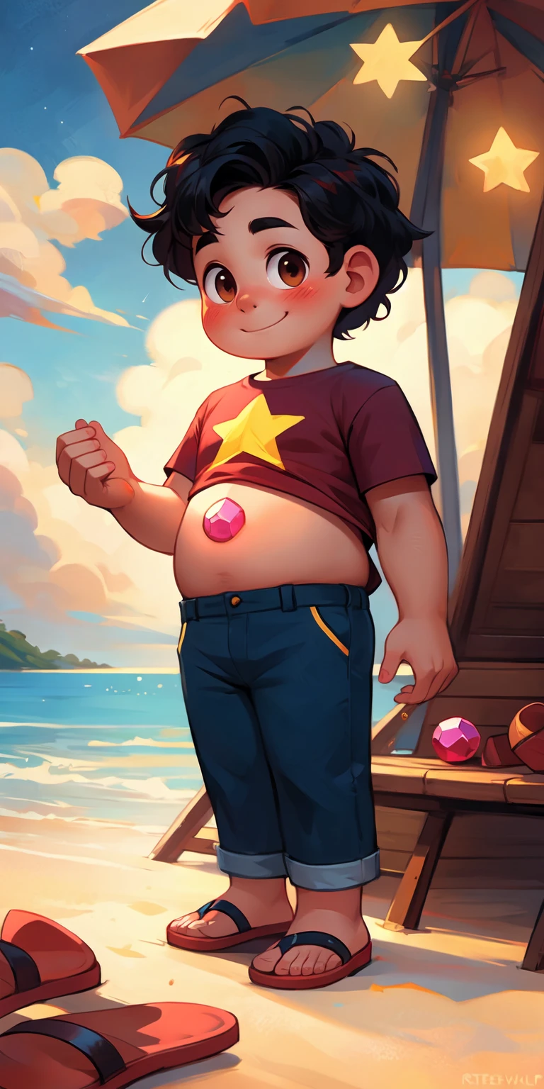 solo,1boy,young,male, teenager, chubby, black hair, red tshirt yellow star (symbol), 1boy, male focus, brown eyes, blue pants,red sandals ,blush, short hair, smile, looking at viewer, <lora:StevenQUniverseV1.1:0.7>,stevenquniverse, pink navel gem, black hair,beach city background,, intricate, elegant, highly detailed, digital painting, artstation, concept art, smooth, sharp focus, illustration, art by wlop, charlie bowater and alexandra fomina