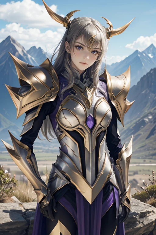 <lora:HXarmour_010:0.9>,hxarmour,1girl,(dark purple armour:1.3),mountain,relaxing pose,