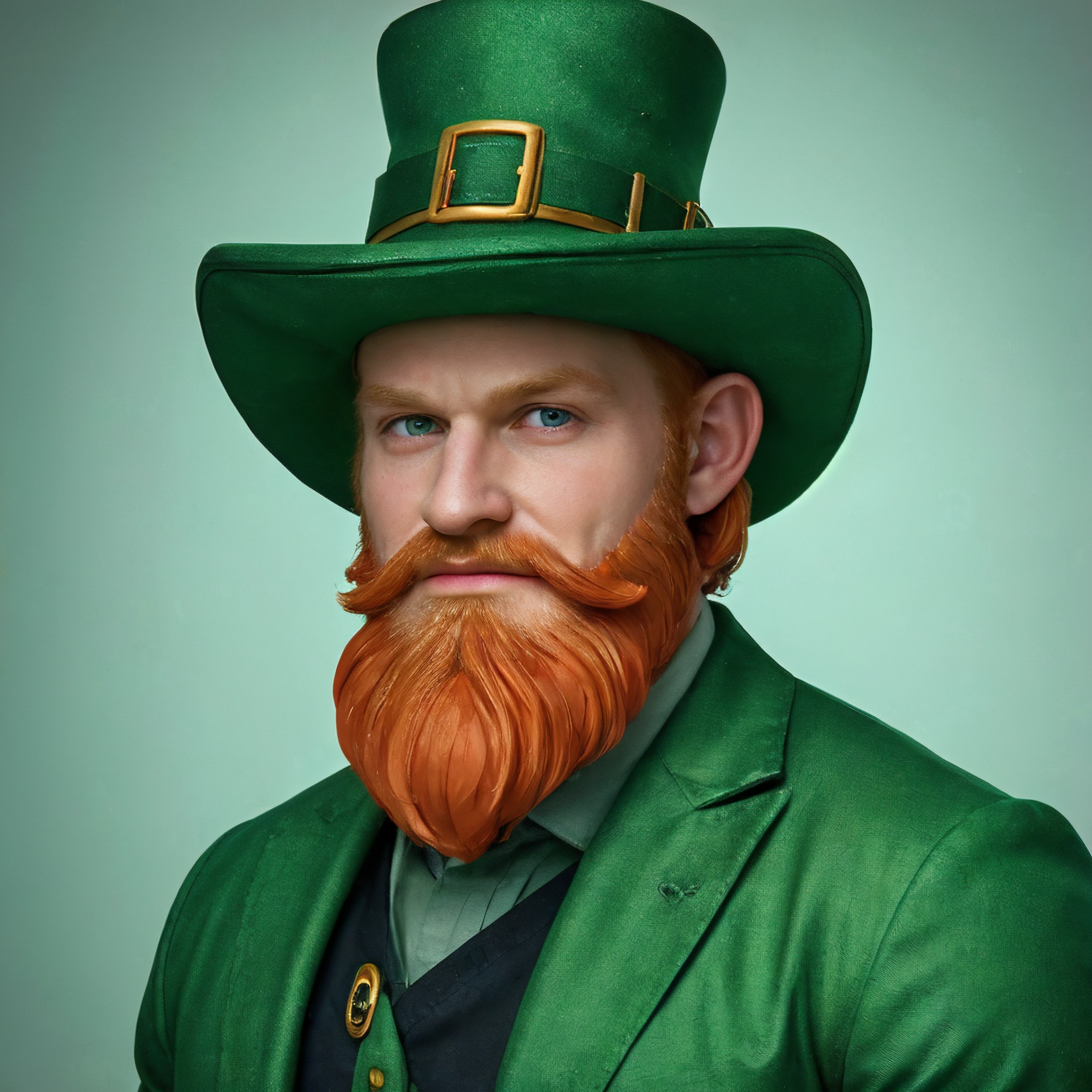 Leprechaun, green clothes, leprechau hat, beard, 1male, leprechaunmale, 1boy, muscular, (face:1.1), masterpiece, high details, high quality, best quality, highres <lora:LeprechaunMale:0.5>