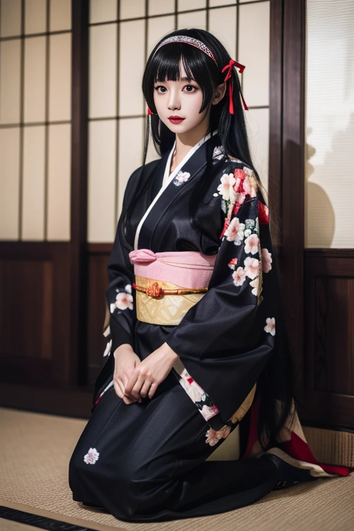 ltra-detailed,highly detailed,best quality,masterpiece,illustration,realistic,photorealistic,
renge, 1girl, solo,
japanese clothes, kimono, floral print, sash, obi, long sleeves, wide sleeves,
very long hair, bangs, straight hair, hair ribbon, hairband, hair ornament,
seiza, sitting, looking at viewer,
indoors, on floor, wooden floor, kneeling,
<lora:renge_v2_06:0.6>