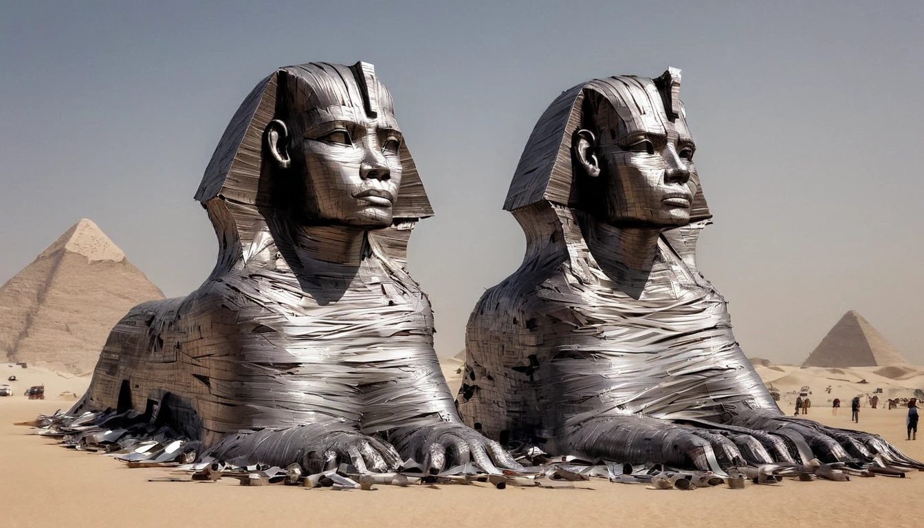 DuctTapeRay, art by Florian Nicolle, Concept art, Marshallese Banyan, Disciplined, wearing duct tape, The Great Sphinx of Giza in background, deep focus, Destructive Art, grand