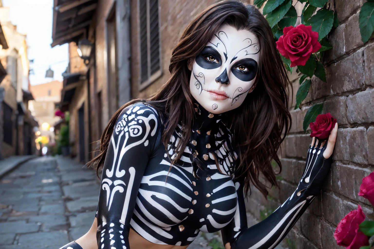 beautiful eyes, beautiful girl, high detail skin, high detail eyes, high detail hair, highres, ultra detailed, sharpen picture, Highly detailed, masterpiece, best quality, photorealistic,
<lora:MuerataLoRA:0.8> 1girl, long hair, facepaint, shirt, fingerless gloves, boots, midriff, leggings, in an alley, at night, roses, skeleton, misc, holding rose, sitting on a wall
