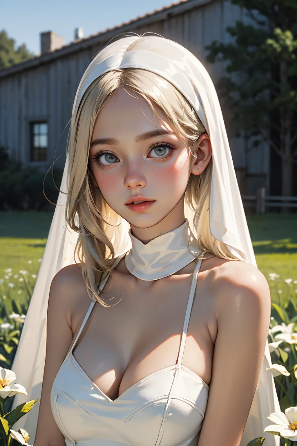 ( detailed realistic background:1),
( official art, beautiful and aesthetic:1 ),
realistic lighting,
cinematic lighting,
hyperrealism,
soothing tones,
muted colors,
high contrast,
soft light,
sharp,
artistic photoshoot,
( cute, petite),
slender,
european,
pale cheeks,
square face shape with angular jaw,
natural "no-makeup" makeup,
huge breasts,
nun, Upper Body,
Bare shoulders, Bare neck, platinum blonde hair, grey eyes, full lips, ,
On a 1950s Country Farm: Red barn, haystacks, green pastures, ploughed fields,