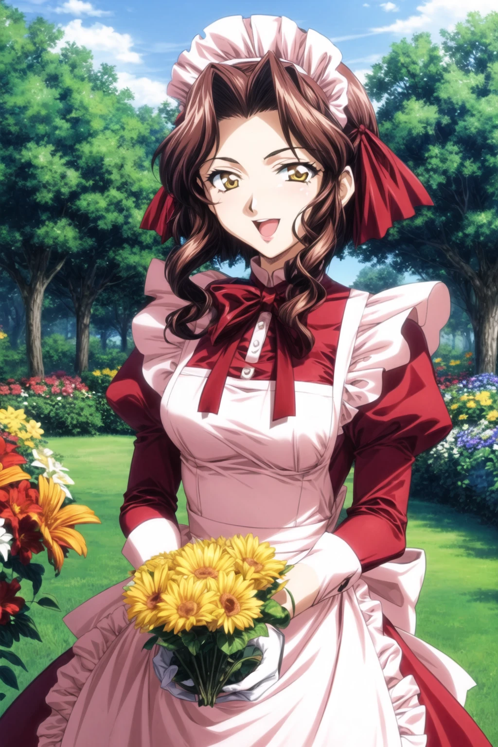 1girl, high quality, solo, short hair, brown hair, long sleeves, dress, bow, yellow eyes, flowers, red hair, puffy sleeves, apron, maid, maid's headdress, garden, maid's apron, retro style, smile, open mouth, dynamic pose