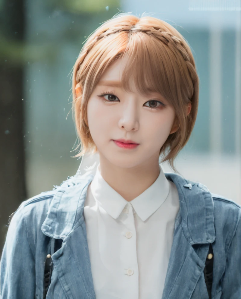 a photography of choa,blonde, realistic, photorealistic, detailed skin, surface scattering, bokeh, skin pores,  <lora:choa:1> wearing a a nuse uniform ,korean idol,nuse cap