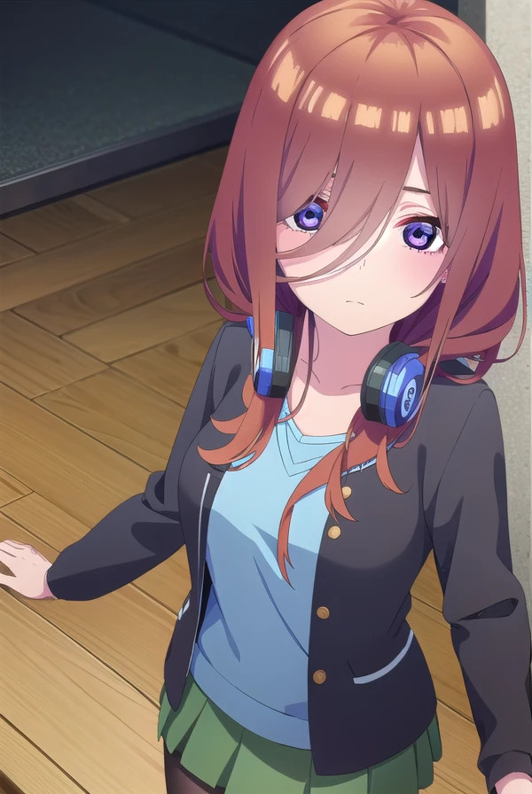 mikunakano, <lora:miku nakano s2-lora-nochekaiser:1>,
miku nakano, long hair, bangs, blue eyes, brown hair, shirt, hair between eyes, headphones, cardigan, headphones around neck,
BREAK skirt, shirt, long sleeves, white shirt, pantyhose, pleated skirt, black pantyhose, cardigan, green skirt, blue cardigan,
BREAK indoors, classroom,
BREAK looking at viewer,
BREAK <lyco:GoodHands-beta2:1>, (masterpiece:1.2), best quality, high resolution, unity 8k wallpaper, (illustration:0.8), (beautiful detailed eyes:1.6), extremely detailed face, perfect lighting, extremely detailed CG, (perfect hands, perfect anatomy),