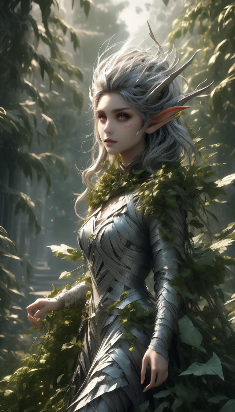 DuctTapeRay, Explosive Syrian (Female Elf:1.2) , majestic, wearing Arcane Pleated midi skirt and sweater, vegetation, shallow depth of field, Overdetailed art, Surprising, Computer Art, (designed by Peter Chung:0.8) , futuristic, feminine, digital art
