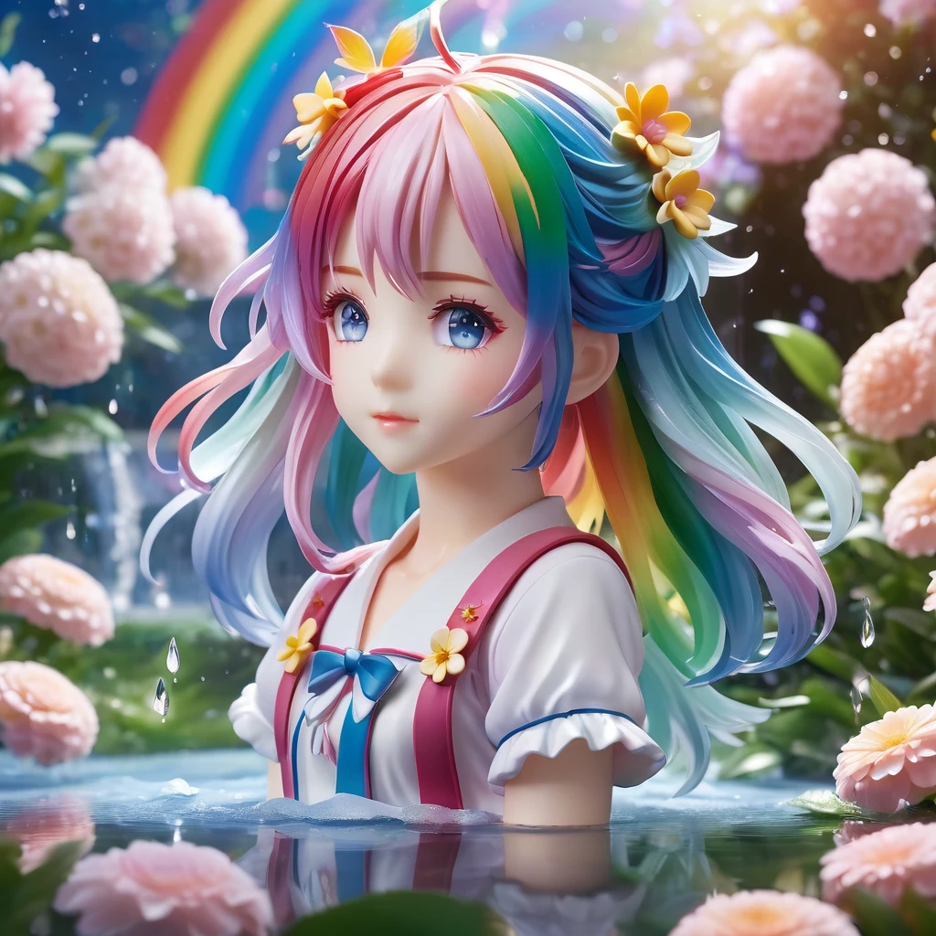 <lora:PVC:1>ï¼PVC figure,rendering,
8k Wallpaper,grand,(((masterpiece))), (((best quality))), ((ultra-detailed)),  ((an extremely delicate and beautiful)),dynamic angle,rainbow hair,detailed cute anime face,((little girl)),(((masterpiece))),an extremely delicate and beautiful girl,flower,cry,water,flowers tire,