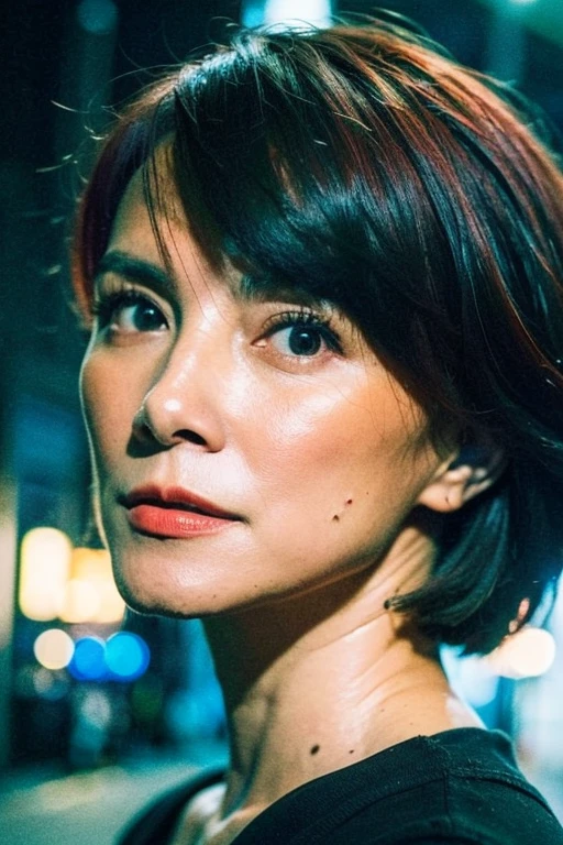 Best quality,masterpiece,ultra high res,(photorealistic:1.2),1girl,in the dark,deep shadow,low key,(photorealistic:1.2),taipei street alley,dynamic pose,face closeup,makeup,lipstick,25 years old,<lora:sinje_lee:1>,