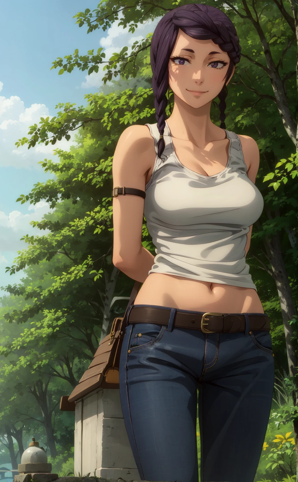 masterpiece, best quality, highres,
VarleyAi, 1girl, solo, long hair, smile, brown hair, purple eyes, purple hair, braid, side braid,
large breasts, bare shoulders, navel, tank top, collarbone, cleavage,
cowboy shot, spread legs, looking at viewer, arms behind back, outdoors, grass, field, forest, sunlight, sky, blue sky, <lora:Varley:1>