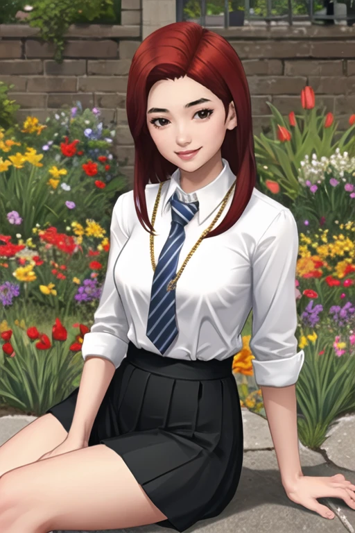 (best quality, ultra detailed), (detailed background:1.2), (perfect face, detailed face), looking at viewer, (mature female:1.4), smile, TulipKarasu, 1girl, red hair, long hair, solo, brown eyes, (thick lips:1.1), black skirt, pleated skirt, narrow waist, collared shirt, white shirt, collared shirt, jewelry, necklace, blue necktie, striped necktie, sleeves rolled up, closed mouth, (garden, outdoors, thighs, medium breasts, , sitting), <lora:TulipKarasu_v2:0.75>