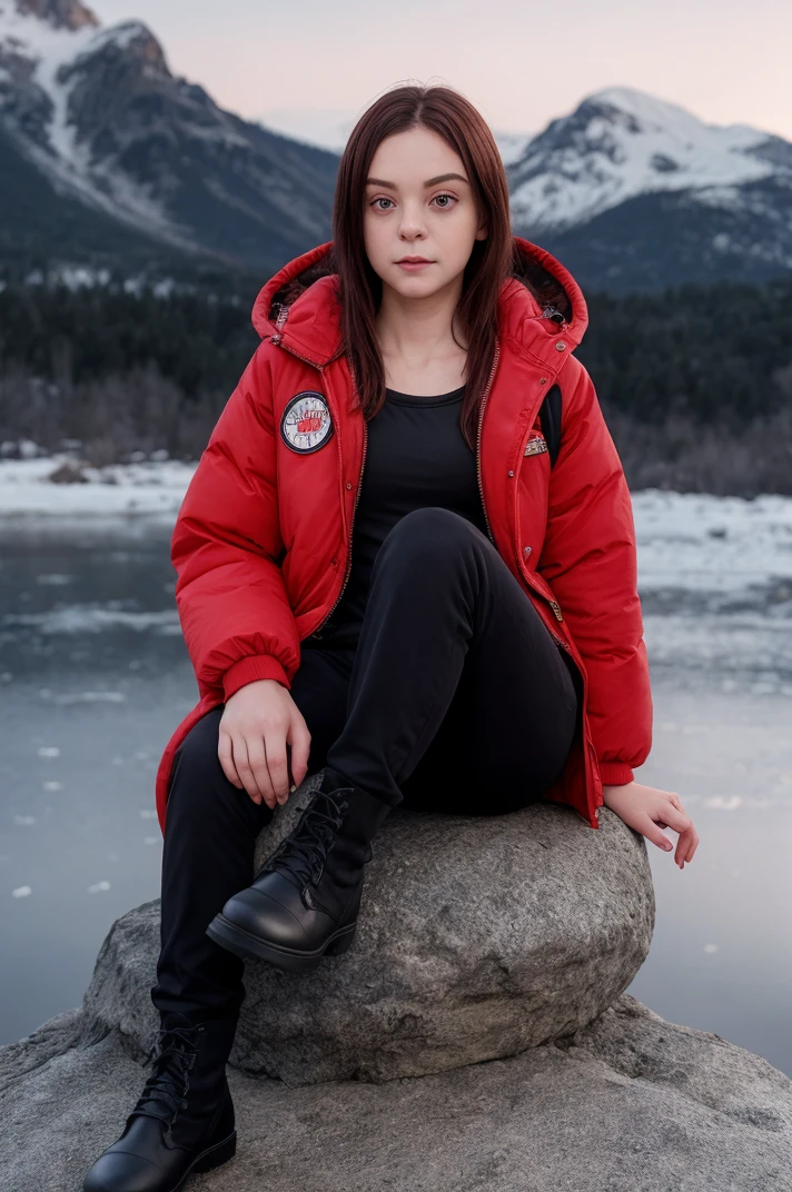 tv_Pure_Kitty_PS_V1, , sad expression, wearing a winter coat, wearing winter pants, wearing winter boots, sitting on a rock by a frozen mountain lake, midnight, moonlight, shot from the side, , (((relaxed))), "epic-Ultra-HD-details", "epic-Ultra-HD-highlights", detailed skin, pores,