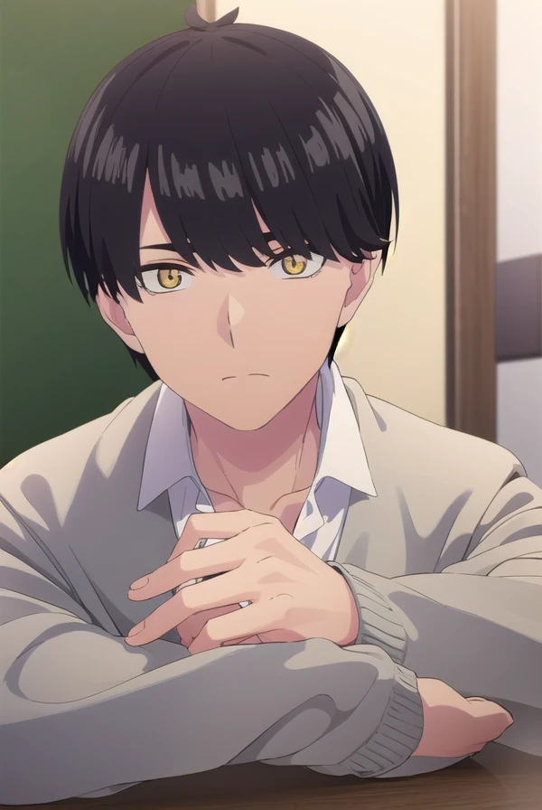 fuutarouuesugi, <lora:fuutarou uesugi s2-lora-nochekaiser:1>,
fuutarou uesugi, black hair, (yellow eyes:1.3), male focus,
BREAK shirt, white shirt, collared shirt, cardigan, pants,
BREAK indoors, classroom,
BREAK looking at viewer, dynamic pose, cowboy shot,
BREAK <lyco:GoodHands-beta2:1>, (masterpiece:1.2), best quality, high resolution, unity 8k wallpaper, (illustration:0.8), (beautiful detailed eyes:1.6), extremely detailed face, perfect lighting, extremely detailed CG, (perfect hands, perfect anatomy),