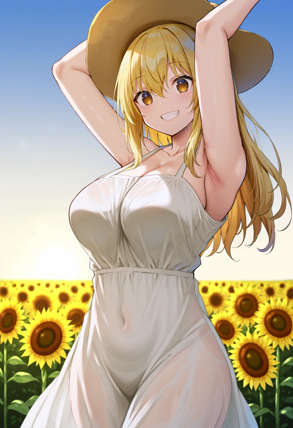 score_9, score_8_up, score_7_up, score_6_up, score_5_up, score_4_up,
simple background, gradient background,
refraction, caustics, rim lights, backlighting, bloom,
BREAK
source_anime, day, outdoors, sky, flower field, sunflower, sunflower field, sunset,
BREAK
1girl, sundress, sunhat, blonde hair, large breasts, see-through silhouette, happy, hair between eyes,
arms up, armpits, light smile,
<lora:Oekakizuki-v3-PDXL:1>