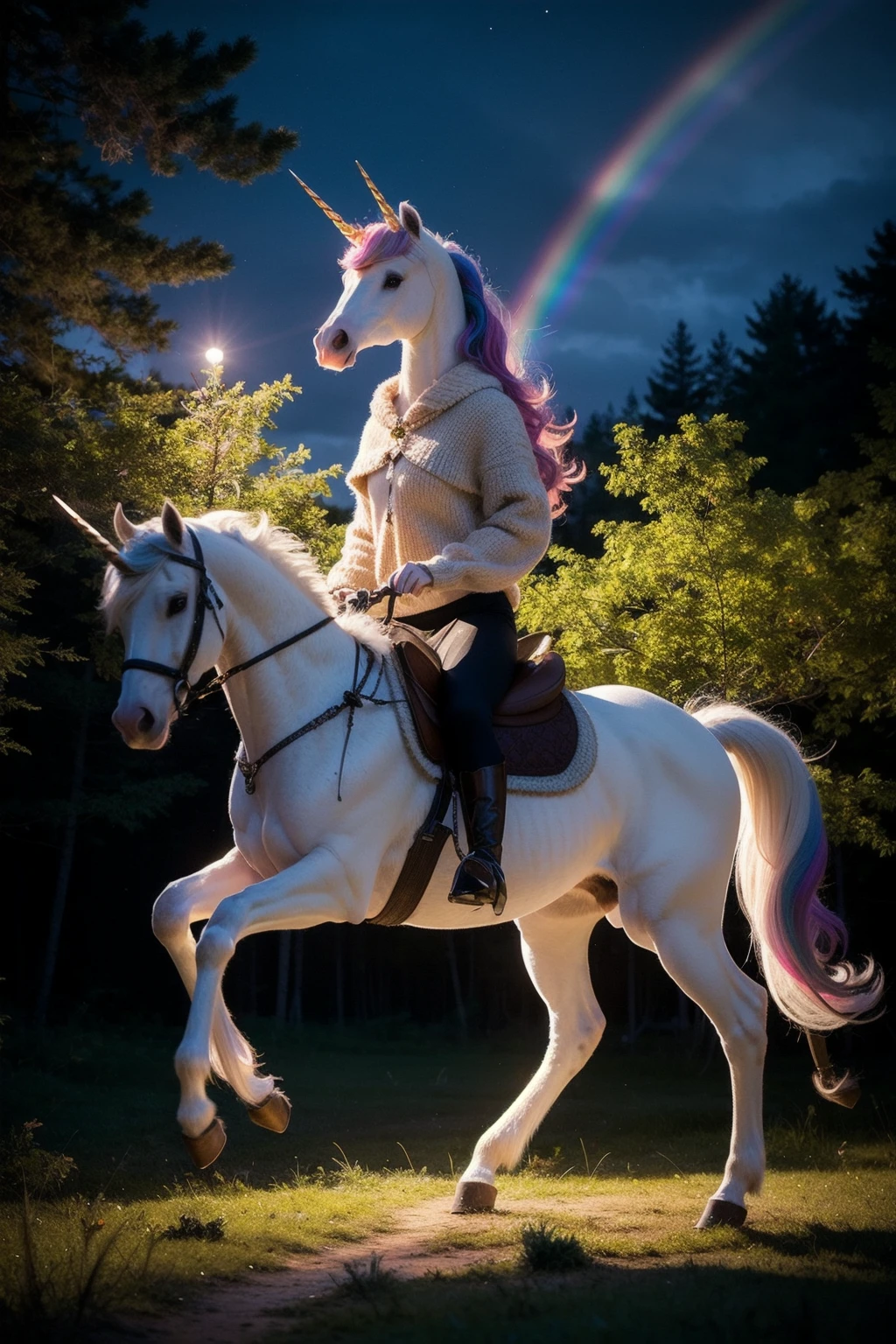 master piece,high quality, 1girl riding unicorn,in the forest,at night,white and rainbow light,J_origami,