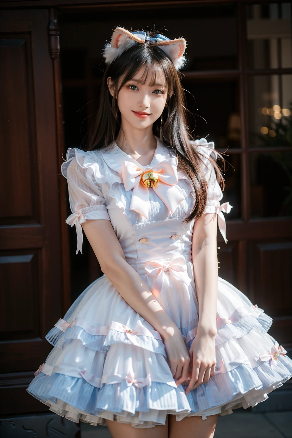 best quality, masterpiece, realistic, photorealistic, 1girl, solo, looking at viewer, smile, long black hair, bangs, standing, cowboy shot, cyb dress, puffy short sleeves, bow, bell, animal ears, simple background, <lora:sweet_attire_style4_v1:0.7>