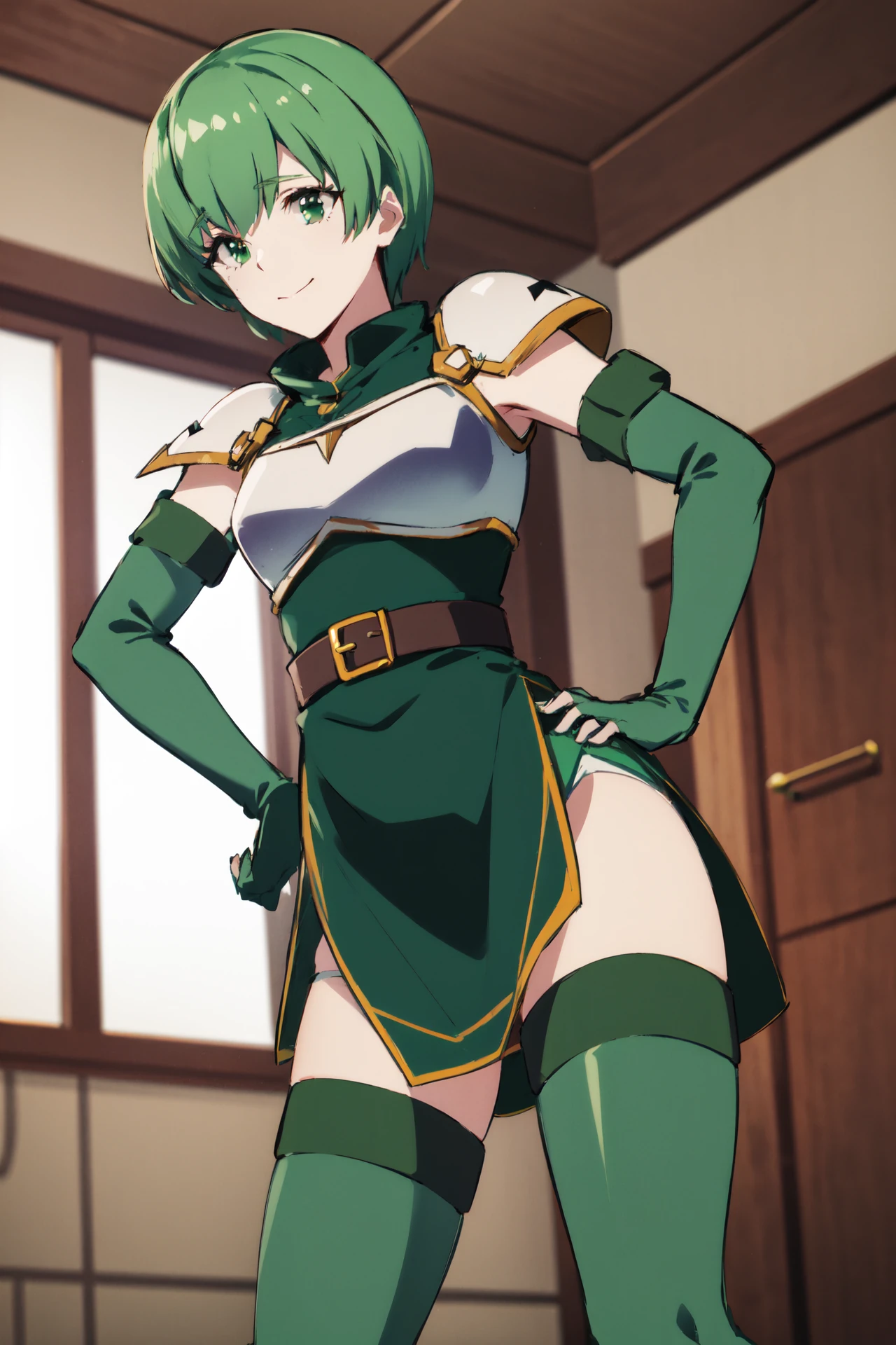 utena,Very large breasts,Blushed,score_9,latex,Underboob,oiled skin,1girl,White background, , serafuku, long sleeves, green sailor collar, green mini skirt, yellow neckerchief, lowfers,garter belt,Areola,camletoe,Squat,altar