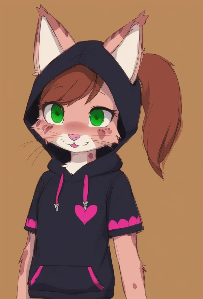 1 girl ,amandasc , Spots on the body , green eyes,brown skin , ponytail ,furry , furry female ,solo ,pink cat nose ,brown hair ,fringe , , shirt with engraved heart , , <lora:amandasc:0.8> , hood, black sweater, smiling, fingerless gloves