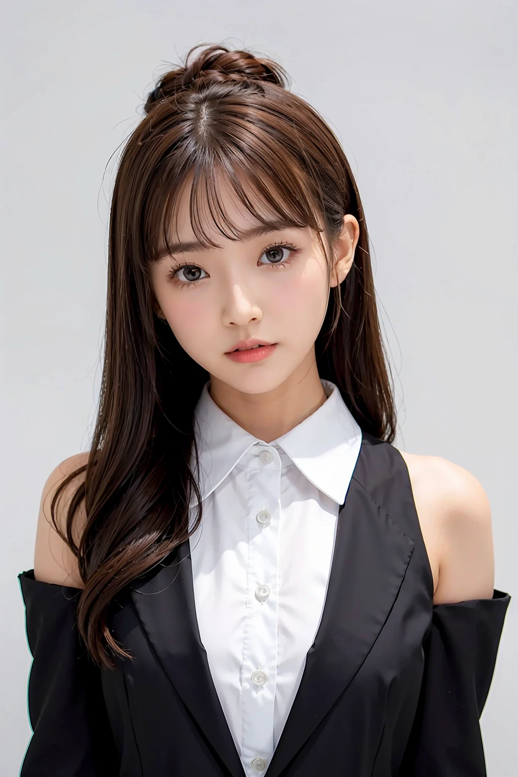 1girl, black  random formal attire, white background, <lora:YuaMikami_Jav-02:1>