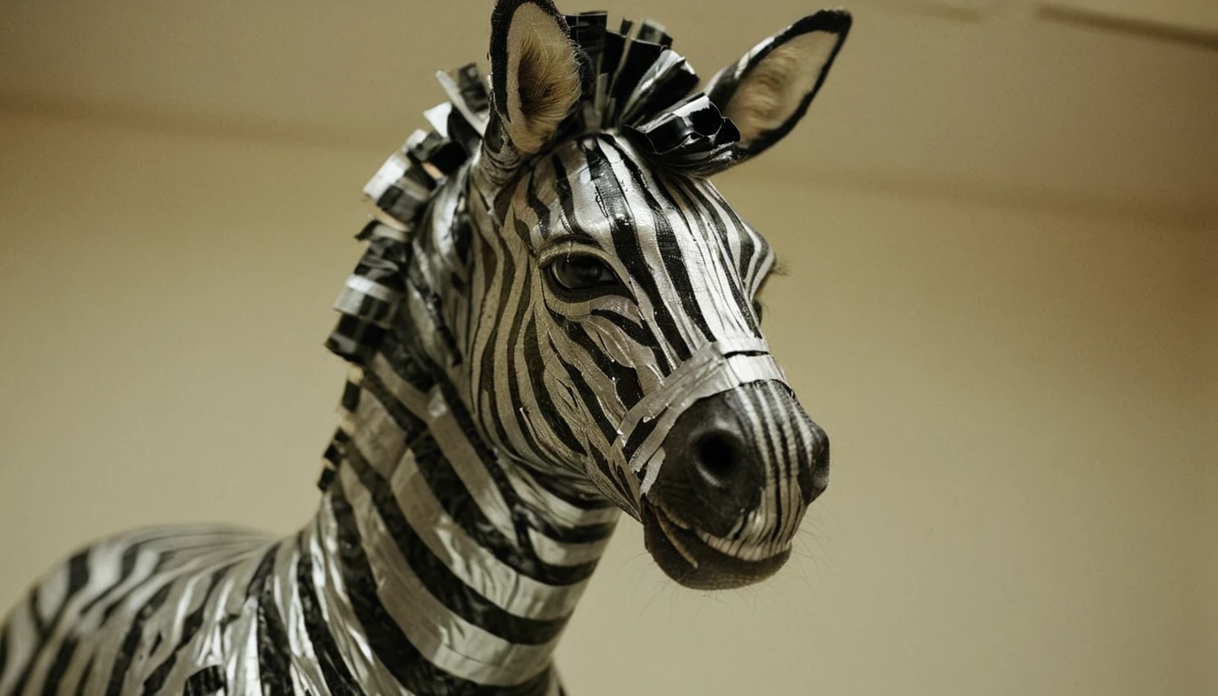 DuctTapeRay, Raw digital photo, insane details, (Zebra:1.1) , the Zebra is Mean, wearing Frilled duct tape, its duct tape has zippers, shallow depth of field, Movie still, Grim, Rule of Thirds, Demoscene, still, Polaroid, F/2.8, photograph, baroque