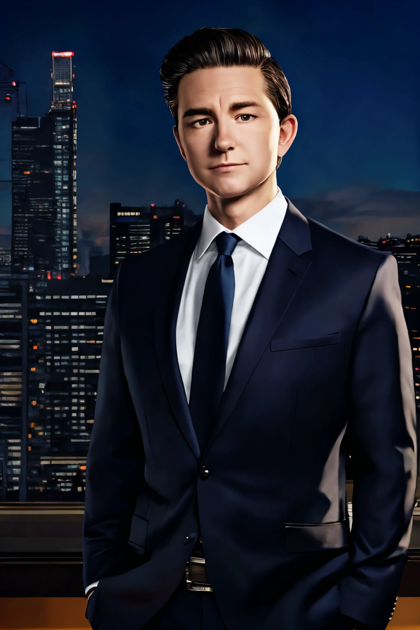 Pierre Poilievre face young and handsome, , male focus, black hair, shirt, formal, suit, collared shirt, white shirt, jacket
Rooftop city view and twilight ambiance,
[(colorful explosion psychedelic paint colors:1.21)::0],
[cartoon, vector art, anime :realistic, real life, hyper realistic:0.25],
best quality, masterpiece, HDR, professional, studio quality, highres,
<lora:Pierre_Poilievre_v2:1>