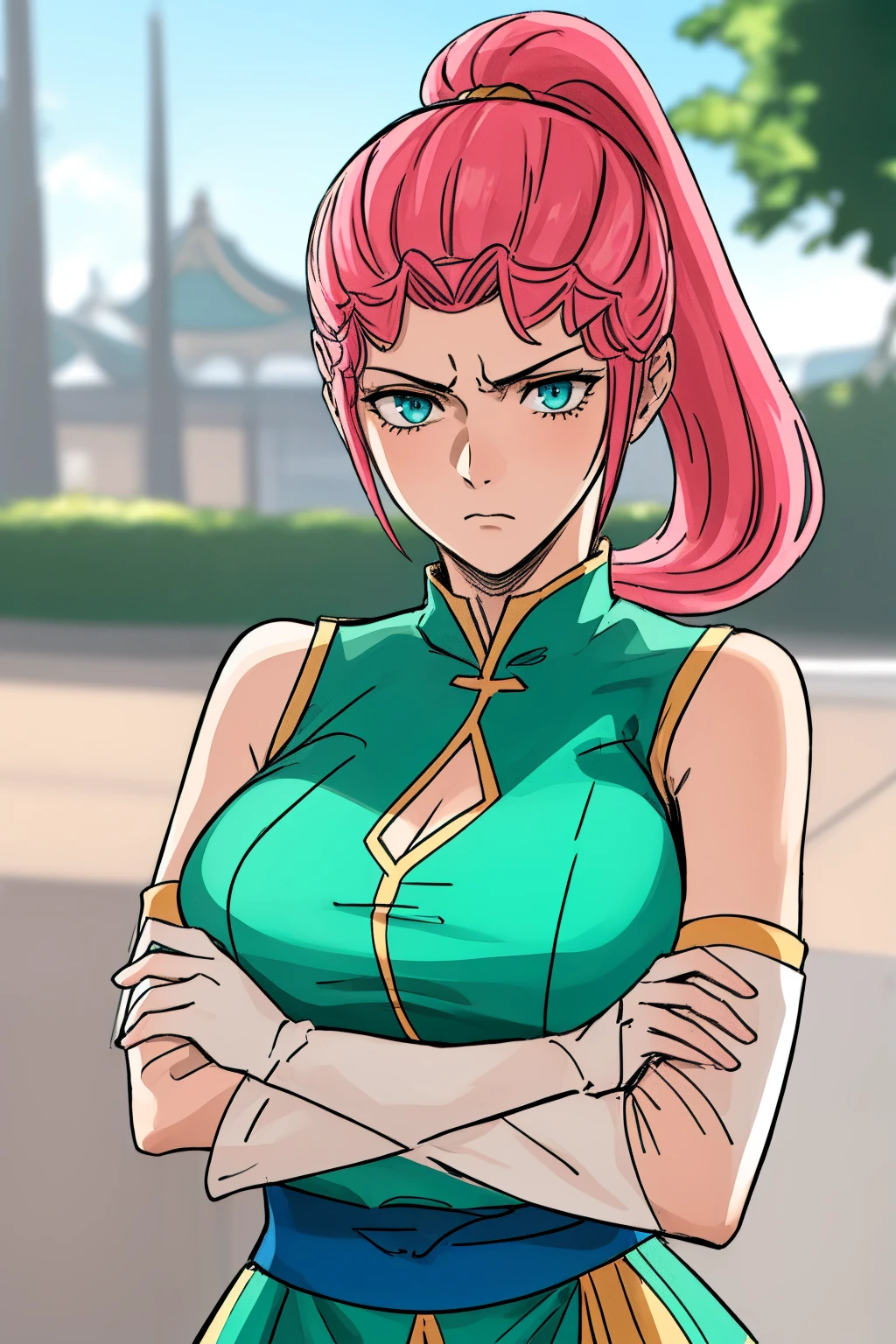 ((masterpiece, best quality)), 1girl, longyuyin, long hair, pink hair, ponytail, single hair bun, blue eyes, breasts, aqua dress, green sash, white arm warmers, arms crossed under breasts, upper body, contempt, disdain, outdoors