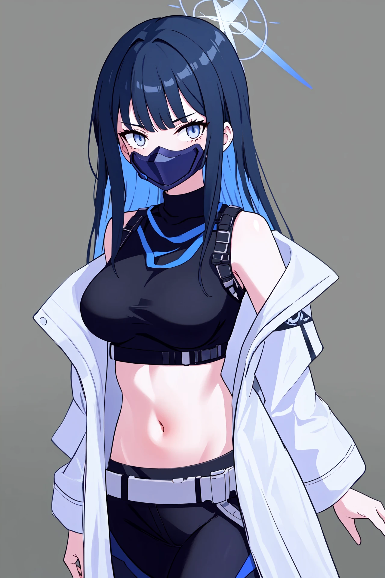 saori \(blue archive\), 1girl, solo, stomach, navel, long hair, midriff, halo, crop top, mouth mask, sleeveless shirt, looking at viewer, off shoulder, bangs, bare shoulders, black pants, black hair, blue eyes, black shirt, black belt, snap-fit buckle, simple background, cowboy shot, standing, open clothes, jacket, large breasts, white coat, groin, blue hair, medium breasts, multicolored hair, chest harness,<lora:saoriv15:1>