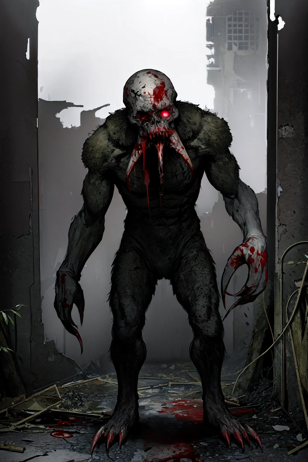 (masterpiece, highres, detailed),full body,<lora:bloodsk03:0.7>,stalkerbloodsucker,glowing eyes,claws,(blood on claws),(blood:1.2),teeth,(chernobyl),(postapocalyptic),(darkatmosphere),(lowlighting),(abandoned:1.3),(ruins),(decay),(radiation),(overgrown),(eerie),(desolation:1.2),(ominous),(timehaspassed),(forgotten),(haunting:1.1),horror \(theme\),