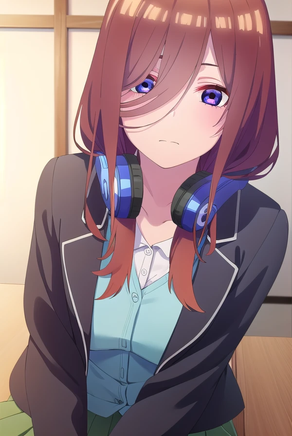 mikunakano, <lora:miku nakano s2-lora-nochekaiser:1>,
miku nakano, long hair, bangs, blue eyes, brown hair, shirt, hair between eyes, headphones, cardigan, headphones around neck,
BREAK skirt, shirt, long sleeves, white shirt, pantyhose, pleated skirt, black pantyhose, cardigan, green skirt, blue cardigan,
BREAK indoors, classroom,
BREAK looking at viewer,
BREAK <lyco:GoodHands-beta2:1>, (masterpiece:1.2), best quality, high resolution, unity 8k wallpaper, (illustration:0.8), (beautiful detailed eyes:1.6), extremely detailed face, perfect lighting, extremely detailed CG, (perfect hands, perfect anatomy),