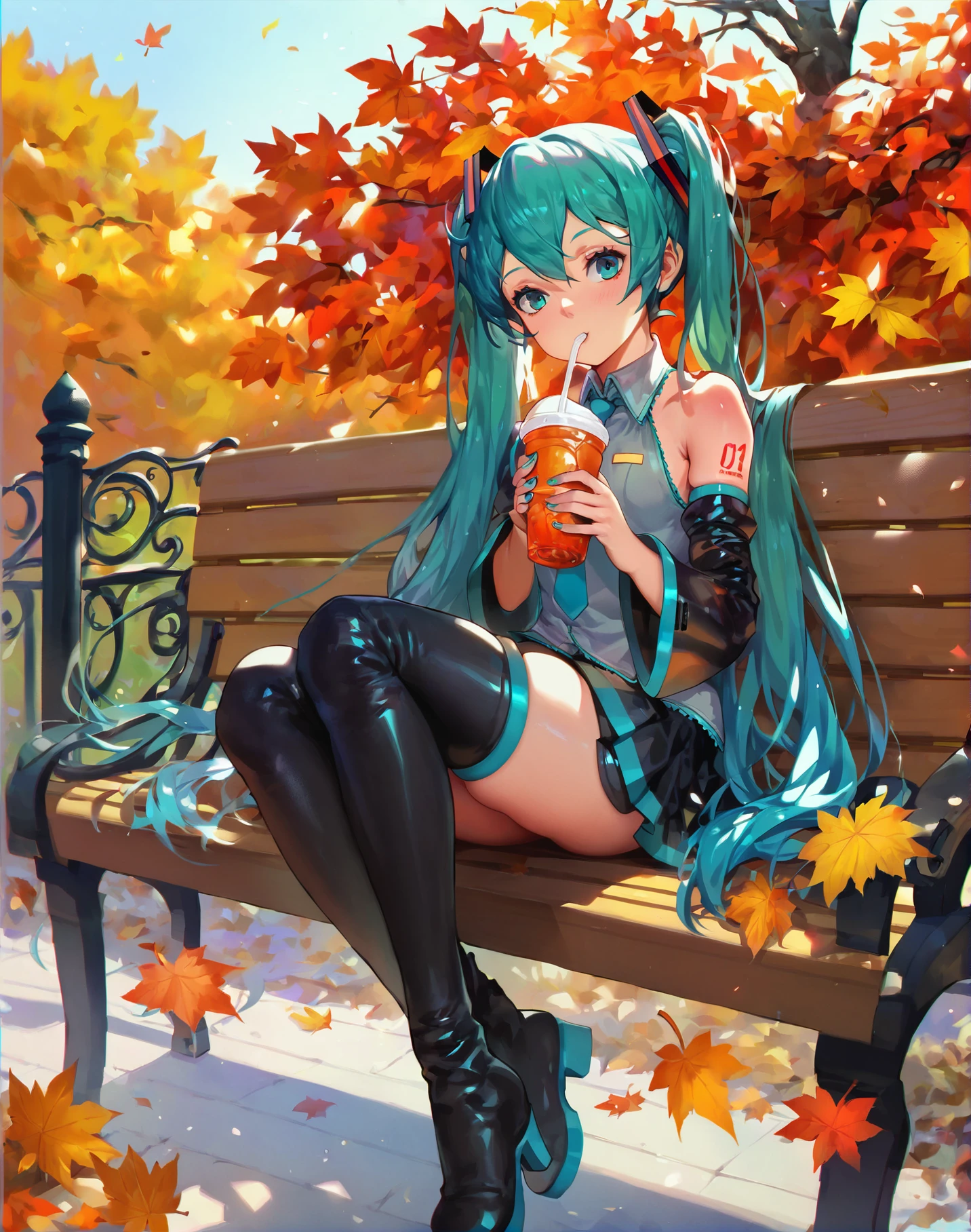 score_9, score_8_up, score_7_up, a girl is sitted on a park bench drinking a juice, hatsune miku, looking at viewer, black thighhighs, black detached sleeves, black skirt, thigh boots, autumn,
<lora:ra_xl_v2:.8>