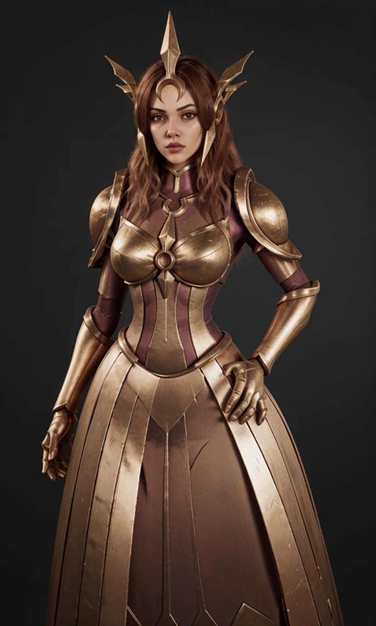1girl, leonalol, ornate hair, headgear crown, ((official leona_(league_of_legends armored dress))), ((hands on hip)), (looking at viewer, looking at the camera),