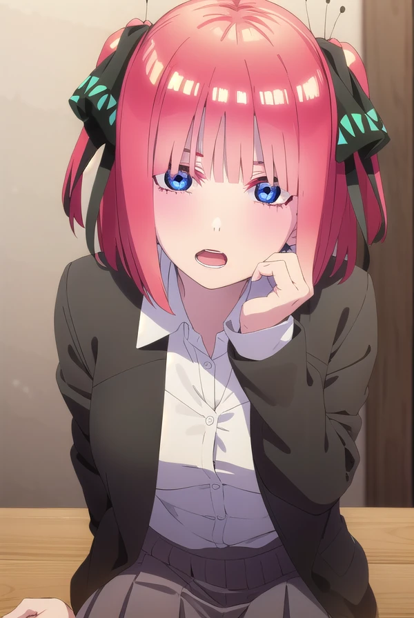 ninonakano, <lora:nino nakano s2-lora-nochekaiser:1>,
nino nakano, short hair, bangs, blue eyes, hair ornament, hair ribbon, pink hair, blunt bangs, two side up, butterfly hair ornament,
BREAK skirt, shirt, long sleeves, white shirt, pleated skirt, open clothes, collared shirt, sleeves past wrists, dress shirt, cardigan, green skirt, open cardigan, black cardigan,
BREAK indoors, classroom,
BREAK looking at viewer,
BREAK <lyco:GoodHands-beta2:1>, (masterpiece:1.2), best quality, high resolution, unity 8k wallpaper, (illustration:0.8), (beautiful detailed eyes:1.6), extremely detailed face, perfect lighting, extremely detailed CG, (perfect hands, perfect anatomy),