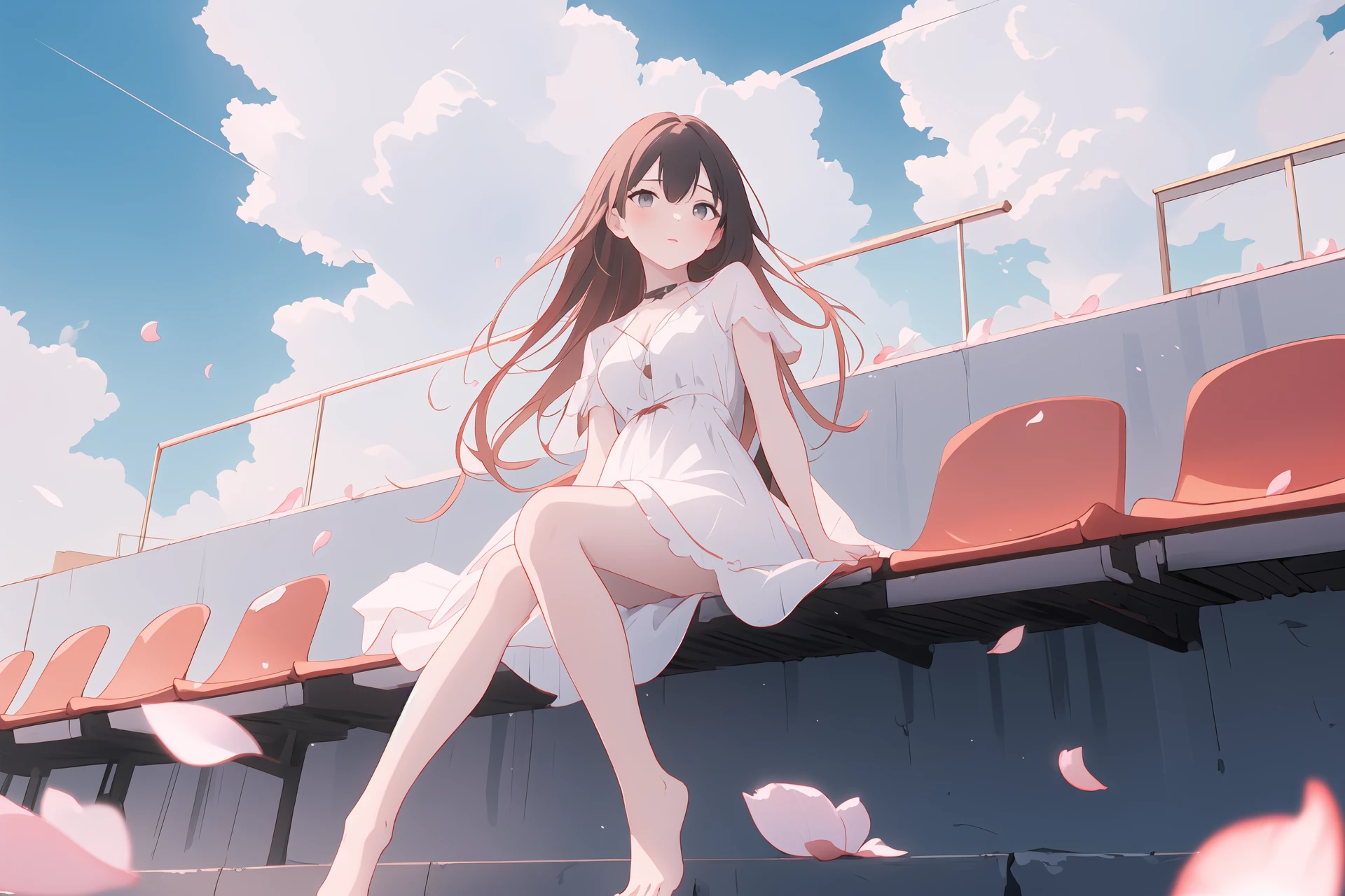 (best quality, masterpiece, highres),1girl,solo,long hair,assertive female,dress,feet up,looking at viewer,light particles,petals,motion lines,wind,sky,cloud,dynamic_angle,
<lora:BX_stadium seats_v1.16:1>,seats,