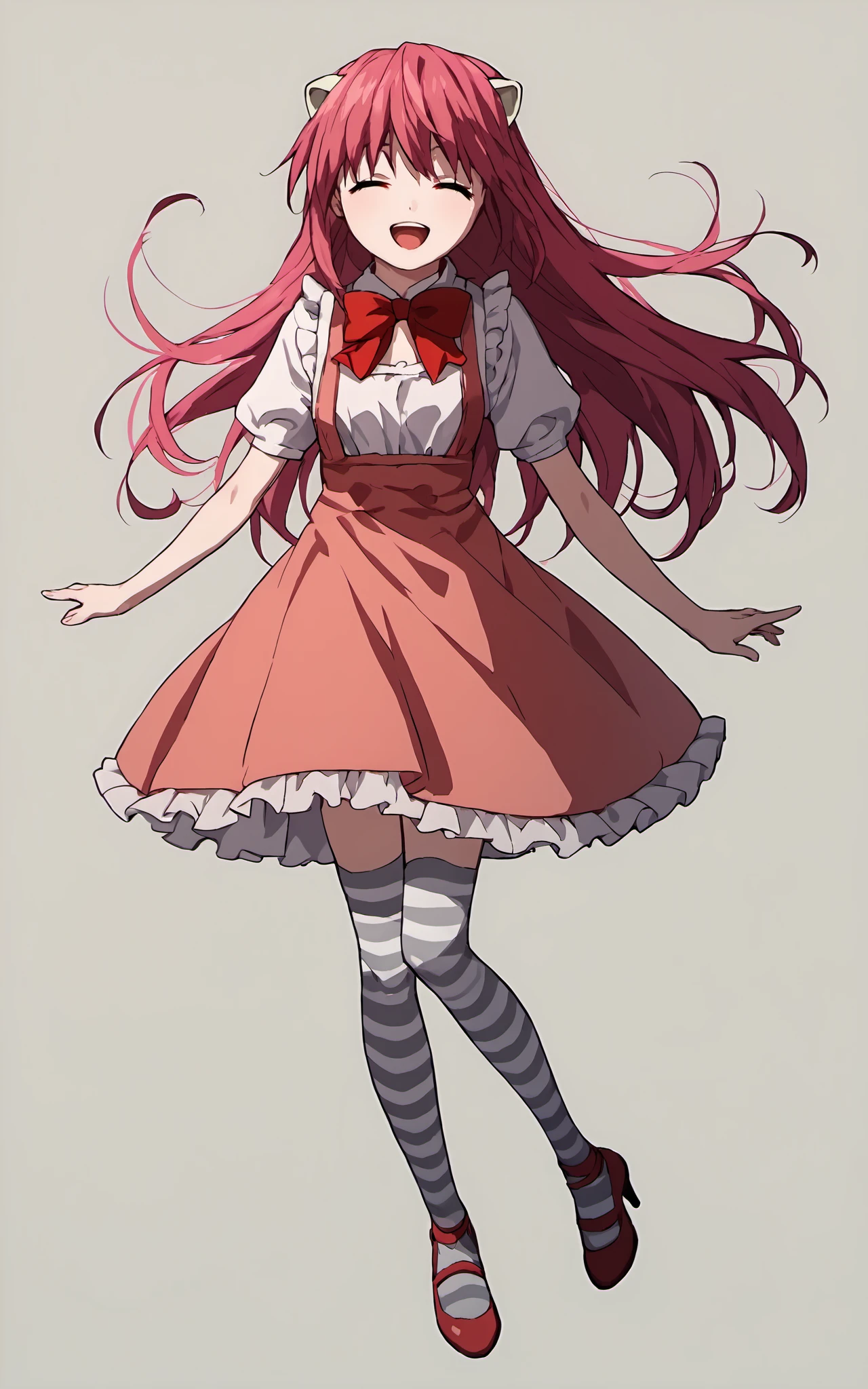 score_9, score_8_up, score_7_up, score_6_up, score_5_up, score_4_up,source_anime,Lucy, 1girl, solo, long hair, horns, red eyes,pink hair, <lora:LucyPXL-000009:1>1girl, solo, closed eyes, full body, striped thighhighs, smile, dress, open mouth, zettai ryouiki, red hair, bow, high heels, shoes, ^_^, ribbon,striped black and grey thighhighs,