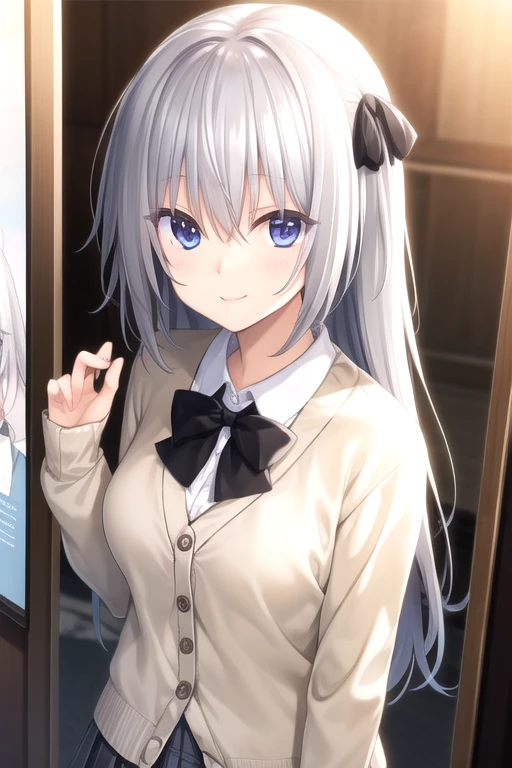 ((masterpiece)),(best quality),official art,extremely detailed CG,unity 8k wallpaper,ultra detailed,beautiful detailed eyes,extremely detailed face,park,1girl,solo,upper body,(portrait:1.5),looking at viewer,facing viewer,smile,Elektrichka Sapsan,very long hair,white hair,hair ribbon,black ribbon,bangs,blue eyes,black bowtie,cardigan sweater,beige sweater,collared shirt,white shirt,long sleeves,medium breasts,plaid skirt,pleated skirt,grey skirt,zettai ryouiki,black thighhighs,loafers,<lora:Elektrichka Sapsan(pc)>,