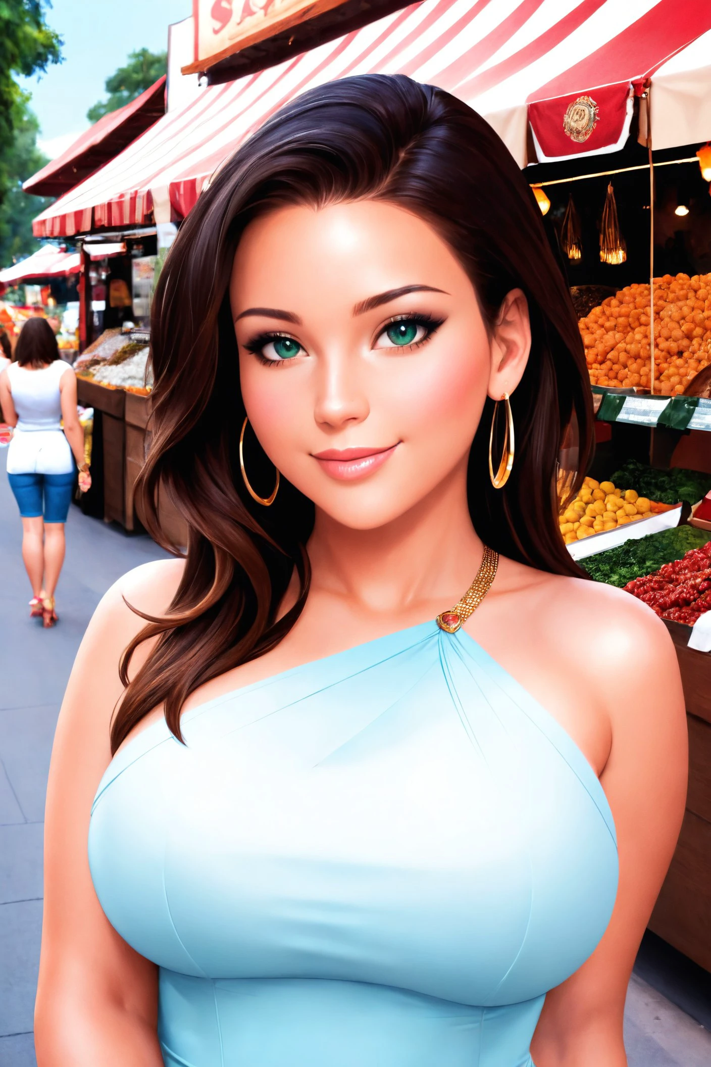 beautiful top model standing, ([basety style|uodenim style]:0.9), ([Sienna( :0)Miller|ivy lebelle|Blake( :0)Lively]:0.75), (audra( :0)miller:0.7), detailed background, cute face, big breasts, attractive, supersized, rendered in zbrush, Street market and exotic spices, [cartoon, vector art, anime :realistic, real life, hyper realistic:0.2], well dressed, photo of (Jennifer Lawrence:0.9). beautiful young. professional photo. high quality. highres makeup