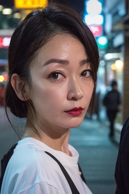 Best quality,masterpiece,ultra high res,(photorealistic:1.2),1girl,in the dark,deep shadow,low key,(photorealistic:1.2),taipei street alley,dynamic pose,face closeup,makeup,lipstick,<lora:ada_pan:0.9>,25 years old,