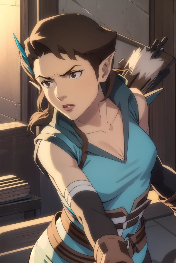 vexahlia, <lora:vexahlia-lora-nochekaiser:1>,
vexahlia, short hair, brown hair, black hair, hair ornament, pointy ears, (brown eyes:1.5),
BREAK gloves, cleavage, collarbone, fingerless gloves, armor, brown gloves, quiver,
BREAK outdoors,
BREAK looking at viewer, dynamic pose, cowboy shot,
BREAK <lyco:GoodHands-beta2:1>, (masterpiece:1.2), best quality, high resolution, unity 8k wallpaper, (illustration:0.8), (beautiful detailed eyes:1.6), extremely detailed face, perfect lighting, extremely detailed CG, (perfect hands, perfect anatomy),