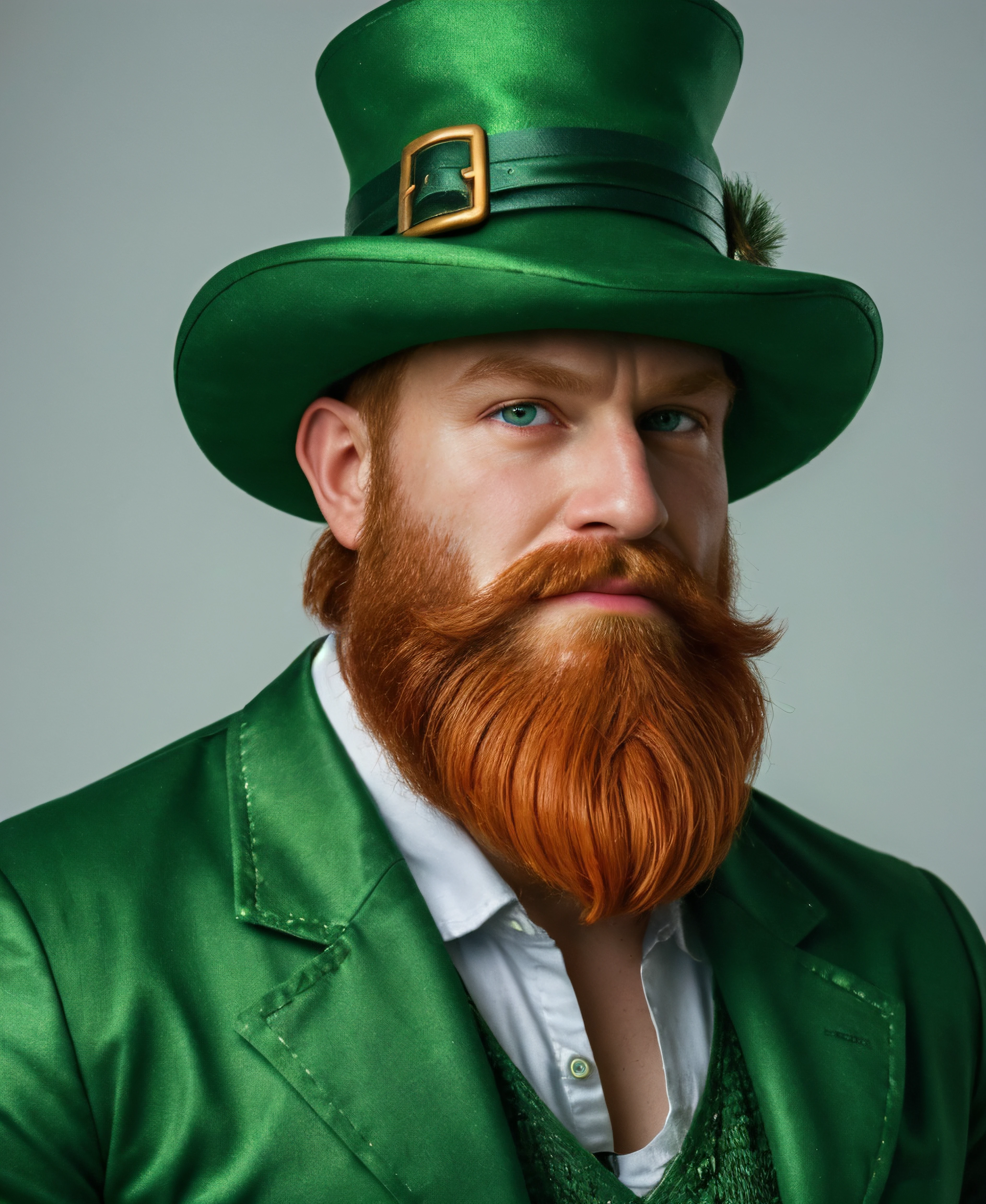 Leprechaun, green clothes, leprechau hat, beard, 1male, muscular, whole body,  (face:1), masterpiece, high details, high quality, best quality, highres <lora:LeprechaunMale:0.5>