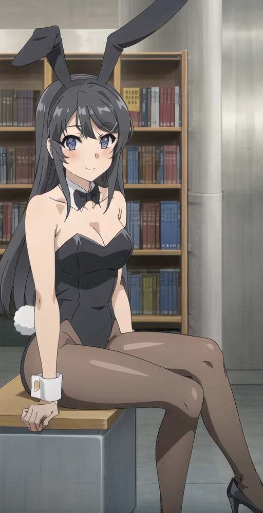 MSV2, 1girl, solo, portrait, close up, looking at viewer, smile, blush, bunny outfit, rabbit ears, rabbit tail, leotard, bowtie, wrist cuffs, pantyhose, heels, sitting on desk, library, legs crossed, perfect quality, good quality, masterpiece, HDR, UHD <lora:Mai Sakurajima V2-000003:0.8>