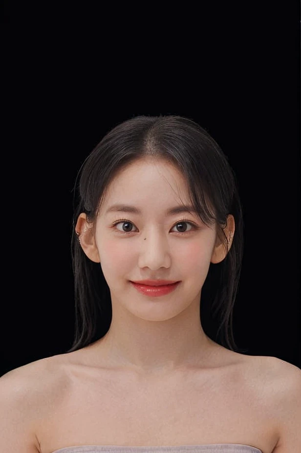 (extremely detailed eyes), (((strapless))), raw photo, 1girl, (looking at viewer), upper body, ((full plain black background:1.3)), (Strapless_tube_top:1.5), bare shoulders, bare neck, bare head, collarbone, (((pretty smile))), (((long grey hair))), natural skin colour, <lora:sakuralorashy:1>