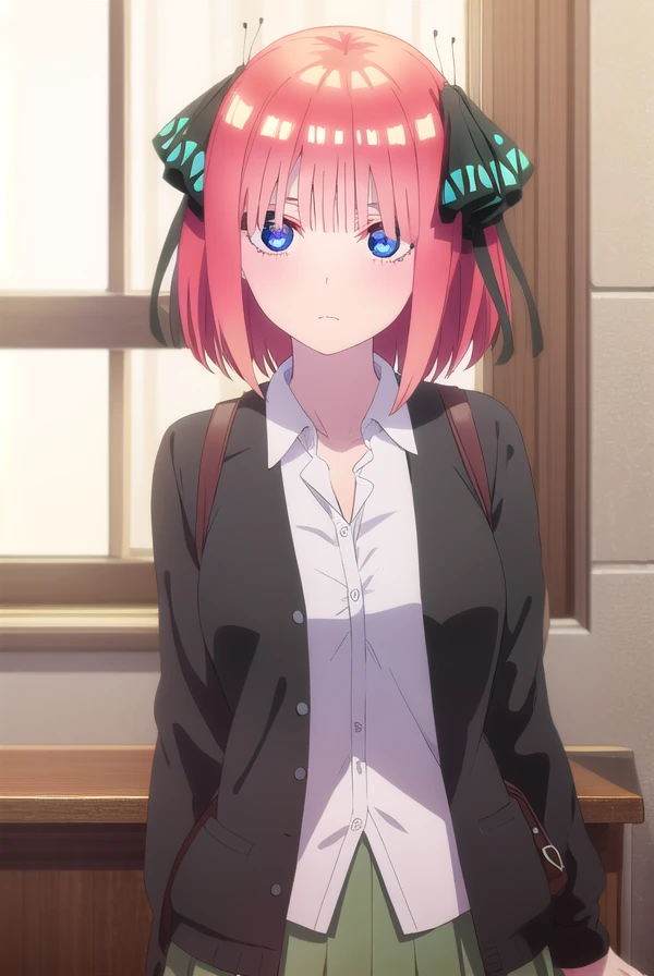 ninonakano, <lora:nino nakano s2-lora-nochekaiser:1>, 
nino nakano, short hair, bangs, blue eyes, hair ornament, hair ribbon, pink hair, blunt bangs, two side up, butterfly hair ornament,
BREAK skirt, shirt, long sleeves, white shirt, pleated skirt, open clothes, collared shirt, sleeves past wrists, dress shirt, cardigan, green skirt, open cardigan, black cardigan,
BREAK indoors, classroom,
BREAK looking at viewer,
BREAK <lyco:GoodHands-beta2:1>, (masterpiece:1.2), best quality, high resolution, unity 8k wallpaper, (illustration:0.8), (beautiful detailed eyes:1.6), extremely detailed face, perfect lighting, extremely detailed CG, (perfect hands, perfect anatomy),