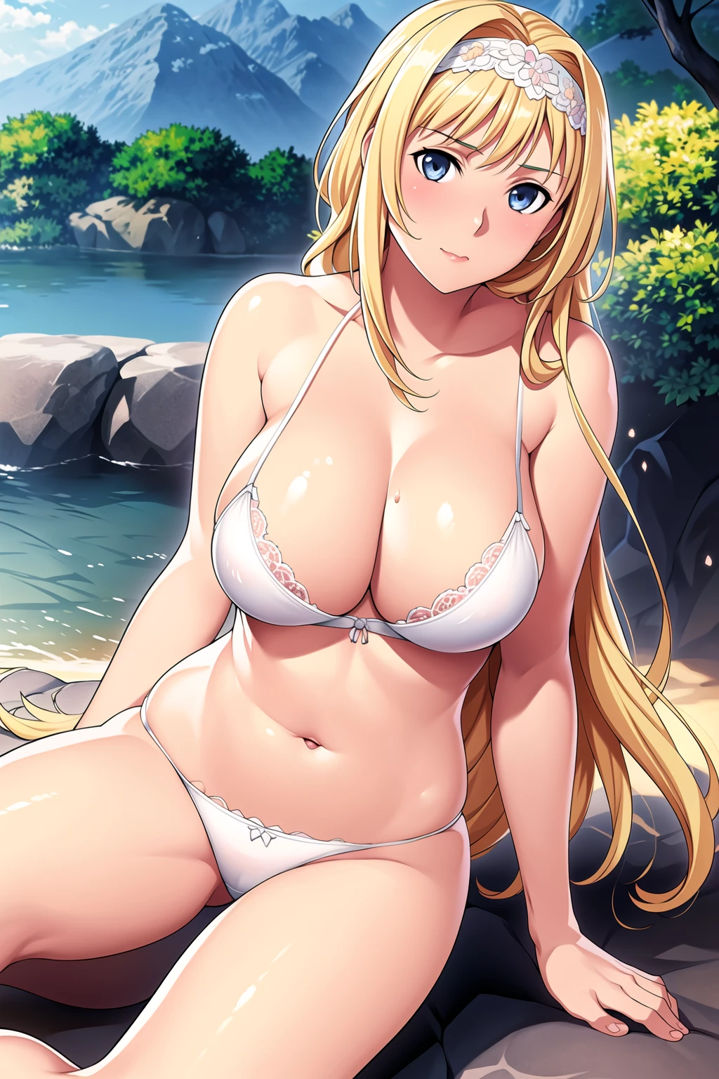 day, forest, garden, grass, house, lake, leaf, mountain, nature, outdoors, palm tree, path, plant, river, road, rock, sandals, scenery, tree, tree stump, waterfall,
dynamic pose,standing at attention,
underwear, white bra,White lingerie,
white Lace bra,White lingerie,White Lace panties, cleavage, collarbone, bare shoulders,navel,
<lora:Alice_Zuberg_Alicization-KK77-V1:0.7>,alice zuberg,
blue eyes, blonde hair,bangs,Long hair,headband,
<lora:Oda_Non_Style-KK77-V2:0.3>,<lora:more_details:0.1>,
1 girl, 20yo,Young female,Beautiful long legs,Beautiful body,
Beautiful Nose,Beautiful character design, perfect eyes, perfect face,expressive eyes,perfect balance,
looking at viewer,(Focus on her face),closed mouth, (innocent_big_eyes:1.0),(Light_Smile:0.3),
official art,extremely detailed CG unity 8k wallpaper, perfect lighting,Colorful, Bright_Front_face_Lighting,White skin,
(masterpiece:1.0),(best_quality:1.0), ultra high res,4K,ultra-detailed,
photography, 8K, HDR, highres, absurdres:1.2, Kodak portra 400, film grain, blurry background, bokeh:1.2, lens flare, (vibrant_color:1.2),professional photograph,
(Beautiful,large_Breasts:1.4), (beautiful_face:1.5),(narrow_waist),