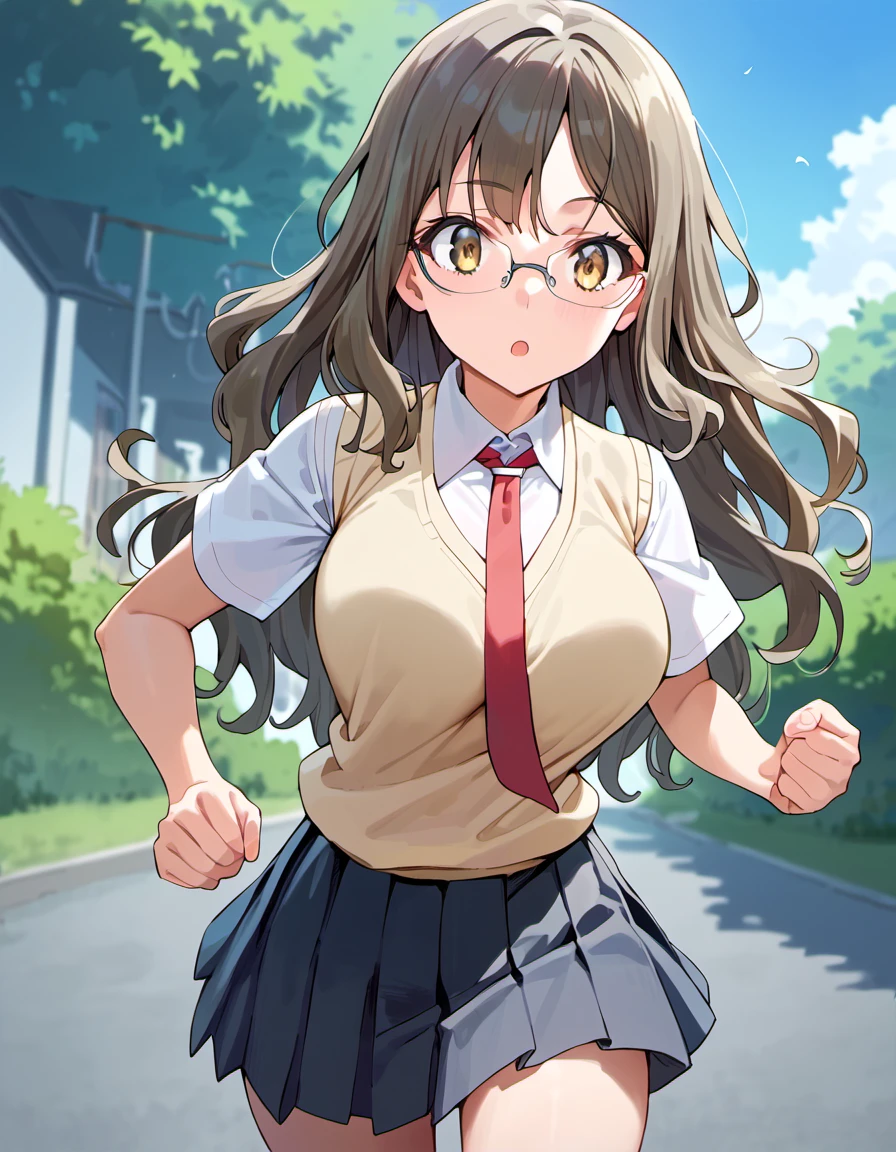 score_9,  score_8_up, score_7_up, 
source_anime,
1girl, solo, running, bouncing breasts,  blue sky,
frio, long hair, sidelocks, bangs, brown hair,   grey hair, wavy hair, large breasts, rimless eyewear,  
school uniform, white shirt, sweater vest, pleated skirt, black skirt, short sleeves, necktie, 
 <lora:futabario_pony_v1r:0.7>