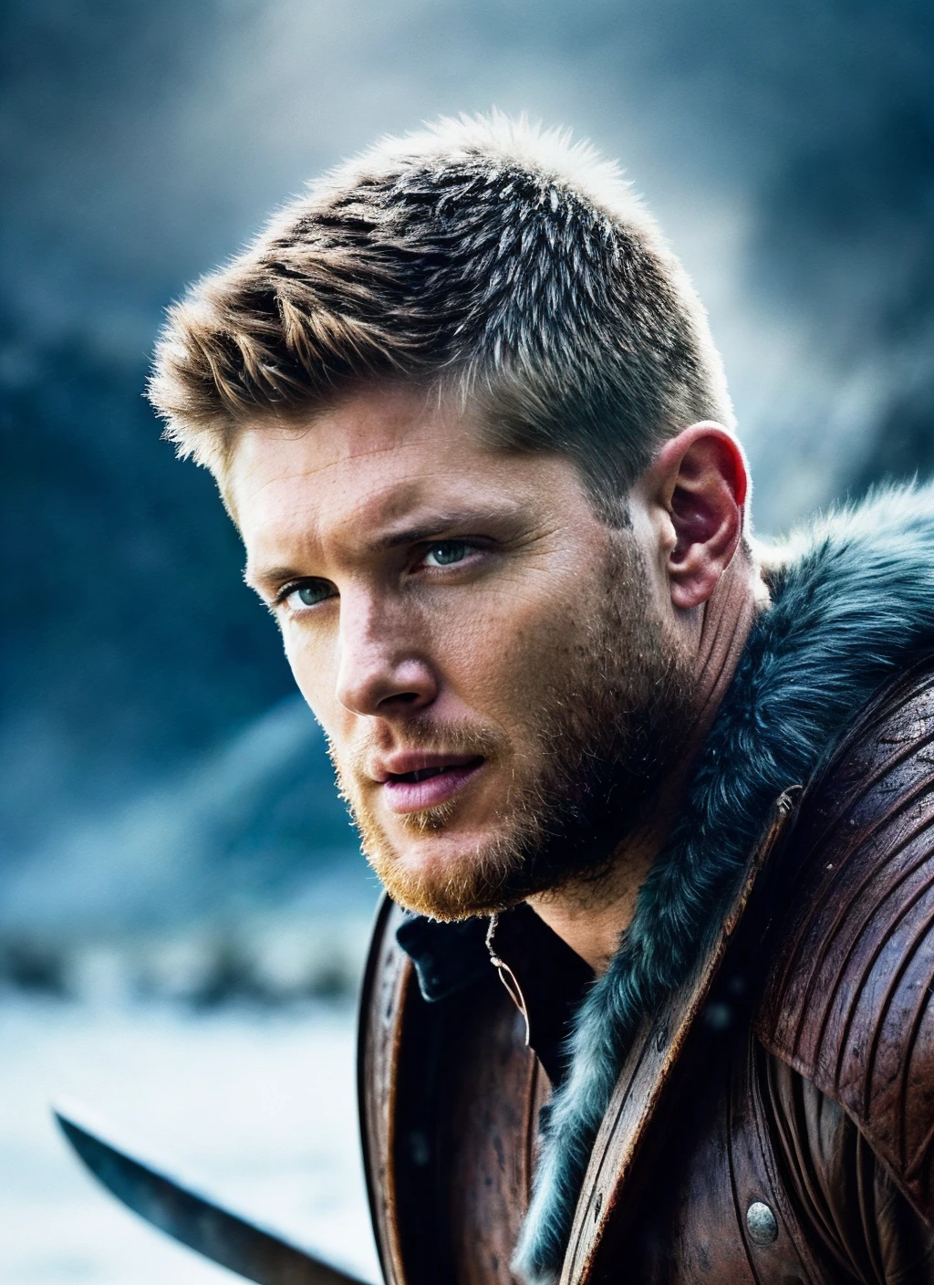 photo of 25 years  sks person, natural lighting <lora:skin_slider_v2_1_FACE:0.3> <lora:add_detail:0.7>,  epiCPhoto, <lora:locon_jensenackles_v1_from_v1_64_32:1>, man, Viking warrior style, digital illustration of a fierce Norse warrior battling a mythical beast in a snowy wilderness, massive battle axe, 6k resolution, intricate battle scars, fierce expression and eyes, (icy blue eyes) <lora:epiNoiseoffset_v2:1>, Illustration created on a Procreate of a [Mighty:1.3] Valiant (warrior) in a [Battle Pose:1.4], Snowy Lighting. Nebula Award Winner, Vertical image, (Scarred Features), (Icy Blue Eyes), Intense Battle Scene, Art by [Kekai Kotaki], Battle Roar, (Intricate), ((mythical beast))